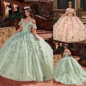 Glitter bollklänning quinceanera klänningar pärlstav applicerade prom klänningar från axelhalsen tyll söt 15 korsett maskerad klänning