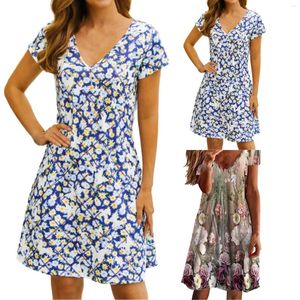 Casual Dresses Women's V Neck Floral Print Loose Dress Summer Lined Midi With Sleeves
