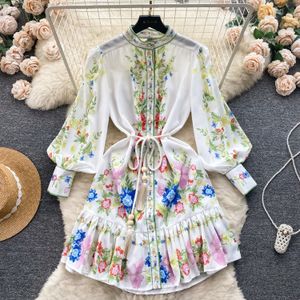 Romantic and Sweet Style Tea Break Skirt French Style Standing Neck Lantern Long Sleeve Printed Dress Lace up Waist Short Skirt