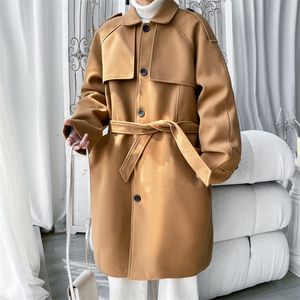 Men's Wool Blends Winter Long Woolen Coat Men Warm Belt Thickened Woolen Coat Men Oversize Korean Loose Thick Trench Coat Mens Overcoat Plus Size 230923