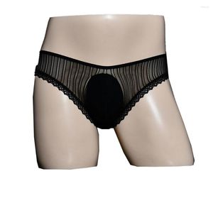 Cuecas sexy homens sissy briefs rendas bulge bolsa calcinha transparente ultra-fino pura roupa interior oco lingerie sólida gay