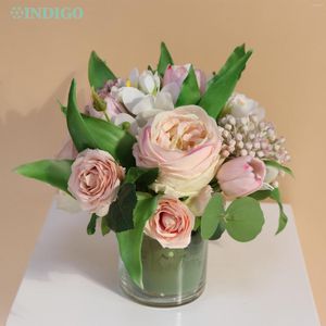 Kwiaty dekoracyjne Pink Rose Centerpiece (1 zestaw bonsai ze szklanym garnkiem) 23 cm sztuczna impreza tulipana dostosuj stół układ kwiatowy -