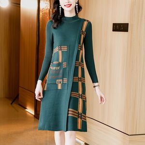 2023 Mode Grafik Strickpullover Kleid Herbst Winter O-Ausschnitt Schlank Weich Warm Midi Kleider Langarm Damen Designer Ausgehen Urlaub Niedliche Pullover Kleider