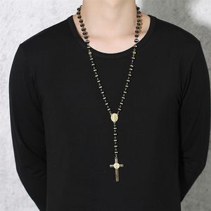 Svart guldfärg Långt radbandhalsband för män Kvinnor Rostfritt stål Pärlkedja Cross Pendant Women's Men's Gift Jewelry 244Z