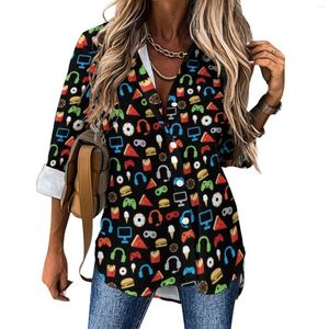 Women's Blouses Cartoon Doughnut Loose Blouse Video Game Snacks Casual Oversized Women Long Sleeve Funny Shirt Summer Graphic Clothes