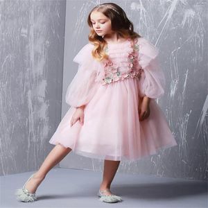 Girl Dresses Long Sleeved Flower Dress Pink Tulle Layered Decal Pleated Wedding Child Holy Communion Birthday Princess