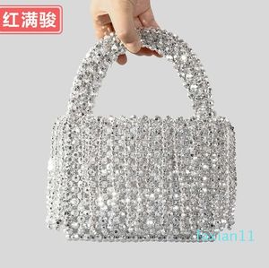 Nova bolsa de borla acrílica para mulheres artesanal bolsa de tecido com contas prata brilhante bolsa de jantar com contas