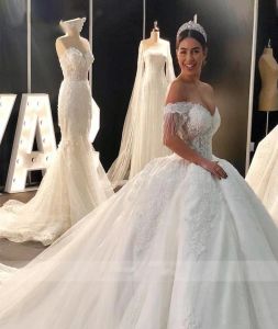 Gorgeous Ballgown Wedding Dresses Bridal Gown Tassle Sweep Train Lace Applique Off The Shoulder Tulle Custom Made Plus Size Vestidos De Novia 403