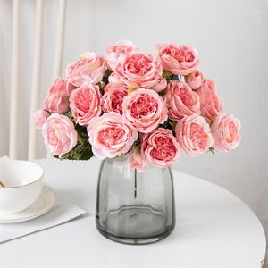 Decorative Flowers Pink Rose Autumn Artificial Silk Wedding Home Decoration High Quality White Peony Simple Bouquet Fake Flower Wall