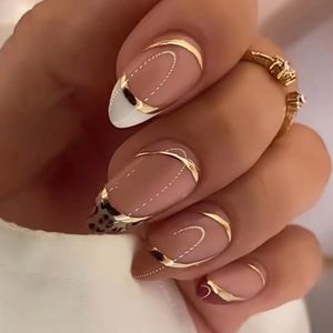 False Nails 24 buah Stiletto panjang kuku palsu ujung manikur Almond cetakan macan tutul tekanan Prancis dapat dipakai saat menghias 230922