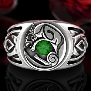 S925 Sterling Silver Celtic Knot Wolf Ring Fashion Vintage Viking Animal Jewelry Wedding Engagement Emerald Diamond Nordic Wolf Pa239E