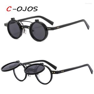 Sonnenbrille COJOS Mode Kleine Runde Punk Doppelbrücken Frauen Retro Flip Lens Shades UV400 Männer Nieten Sonnenbrille