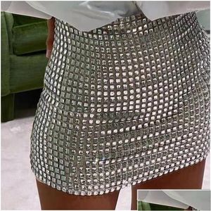 Skirts Rhinestone Mini For Women Clothes Sexy Split See Through Hollow Out Shiny Crystal Diamonds Solid Drop Delivery Apparel Womens Dhfdc