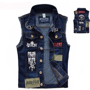 Herrenwesten, klassische Vintage-Jeansweste, ärmellose Jacken, modische Patch-Designs, Punkrock-Stil, zerrissener Cowboy, ausgefranste Denim-Tanks 230923