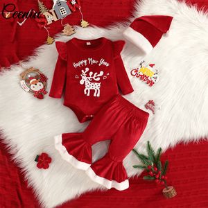 Kleidungssets Ceeniu Happy Year-Kostüm für Babys, Weihnachtsoutfits, roter Samt-Strampler und Hosen, Weihnachtsmütze, meine erste Kleidung 230923