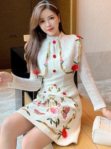 Basic Casual Dresses 2024 High-Quality Lace Patchwork Embroidery Flower Dress For Women's Long-Sleeve Vintage Vestido Ladies Elegant Tweed Dresses