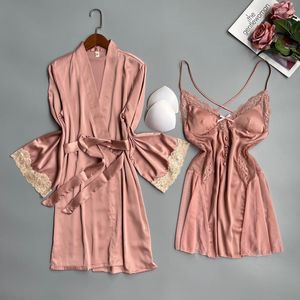 Mulheres sleepwear sexy roupão de banho rosa cetim casa roupas quimono vestido de renda verão mulheres robe e conjunto com almofadas de peito