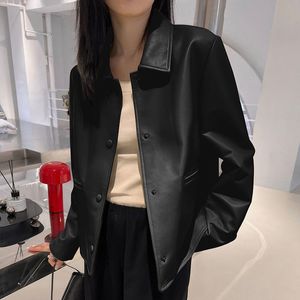 Women's Leather Faux Fur Black PU Short Coat Spring Autumn Loose Casual Lapel Jacket Korean Version Simple Single Breasted 230923