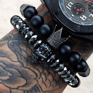 Mcllroy pulseira masculina crânio aço contas de pedra pulseiras de luxo para homens coroa cz zircon homem pulseira homme jóias presente dos namorados c259s