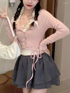 Vestidos de trabalho verão rosa doce 3 peça conjunto feminino japonês kawaii bonito festa mini saia terno feminino arco estilo coreano saias elegantes 2023