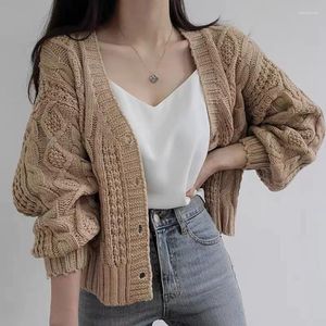 Women's Knits Knitted Cropped Sweater For Women Thicked Casual Fashion Sueter Mujer V-neck Lantern Sleeve Knit Ribbed Cardigan Coat Pull
