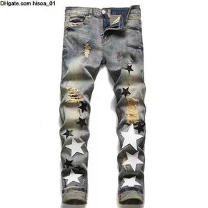 Designer 2022SS Mens Ripped Jeans Hip-Hop High Street Fashion Top Quality Fashion Stitching Cycling Motorcykelbroderier Stängmontering Slim Pencil Pants