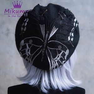 ベレー帽子ハラジュクゴシック様ヴィンテージバタフライ刺繍女性ウールベレー帽Hat