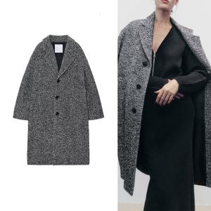 Giacca da donna in misto lana 2023 Autunno e inverno retrò con motivo a spina di pesce caldo cappotto a maniche lunghe di media lunghezza in twill allentato con risvolto 230923