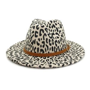 Vinter leopardtryck fedora hattar för kvinnor mode platt bred grim ull filt jazz fedora hattar för män leopard goth topp vintage wedd305v