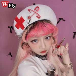 Berets y2k gotycka lolita kobiety punk cross pin cap beret japońska harajuku dziewczyna hip hop cosplay artysta hats beret cap ręcznie robiony 230923