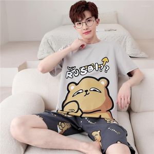 Erkekler M-5XL Yaz Kadın Erkekler Pijama Seti 2 PCS Yetişkin Koreli Gevşek Pijama Erkek Salonu Kawaii Ayı Kısa Kollu Pamuk