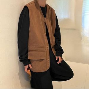 Men's Vests Sleeveless Vest Trendy Cardigan Jacket Hong Kong Style Retro Camisole Versatile Solid Color