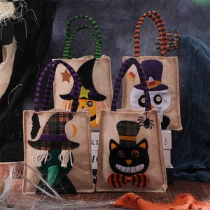 Bolsas de pano de linho de abóbora de Halloween portáteis para crianças festa doces coleção de açúcar presente sacos reutilizáveis festivos Halloween vestir decorações criativas de desenhos animados