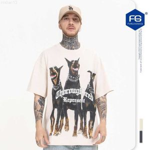 Camisetas masculinas Fg Nova Primavera / Verão 2023 Marca de Moda Soul Hound Impressão Lavagem Vintage High Street Manga Curta T-shirtvjwb