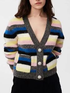 Kvinnors stickor 2023 Autumn Women Wool Blend V-Neck Single-Breasted Fashion Colorful Rands All-Match Casual Knit Sweater Cardigan