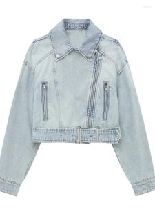 Jaquetas femininas mulheres vintage moda denim biker jaqueta laple mangas compridas zíper y2k casaco curto 2023 outono senhoras com cinto alto