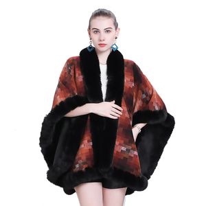 Women's Cape Lady Elegant Fleece Foder Woolen Coat Women Rex Rabbit Faux Päls krage sjal lyx varm överrock hösten vinter pläd kappa wrap 230923