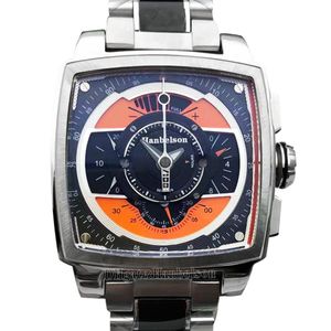 Mens Watch Square Chronograph Orange Dial 44mm Motion Steel Two Tone Black Stap Quartz Wristwatch293o