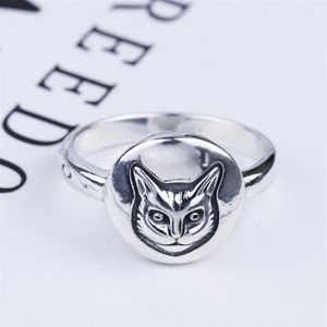 S925 Silver Cat Head Ring Vintage Classic Sterling Silver Cat Face Ring British Style Hip-Hop Male and Female Thai Silver Ring247d