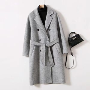 Fall Outifits Long Trench Simple Double Breasted Notch Lapel Overcoat Women Woolen Coat Drawstring Trench Coat