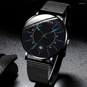 Armbandsur Genève Black Fashion Watch Men Business Measuring Cool Calendar Steel Mesh Band Quartz Armwatch Male Clock Relogio Masculino