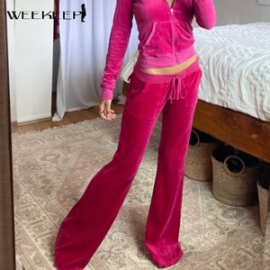 Mäns byxor Weekeep Velvet Casual Women Streetwear High midjan Tie Up Loose Flare Jogger Autumn Aesthetic Pink Cute Pocket Trousers 230923