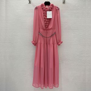 2023 디자이너 가을 라운드 넥 동백 3D 스테이플 랜턴 슬리브 레이스 위장 허리 꽃의 큰 스윙 긴 드레스