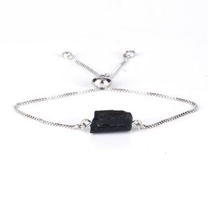 Natural Rough Black Tourmaline Mineral Precious Stone Bead Health Adjustable Healing Silver Color Link Bracelets For Women Beaded 290j