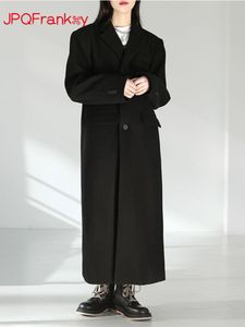 Women's Wool Blends Black Tweed Jacket Fallwinter 2023 Long Thick Vintage Straight Over The Knee Extended Shoulder Coat Women Winter 230923