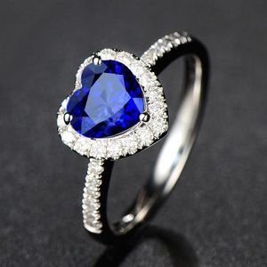 Joias da moda joias banhadas a prata azul real em forma de coração anel de safira colorido anel de pedras preciosas2471