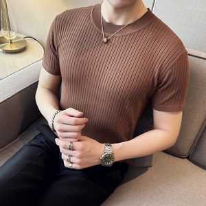 Men's T Shirts Brand Clothing Summer Men T-shirt Knitted Short Sleeves Top Solid Color O-neck Pullover Thick Slim Tees S-3XL