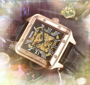 Square Roman Tank Hollow Skeleton Dial designer tittar på lysande safir mekanisk automatisk rörelse avancerad rostfritt stål läderbälte titta på Montre de luxe