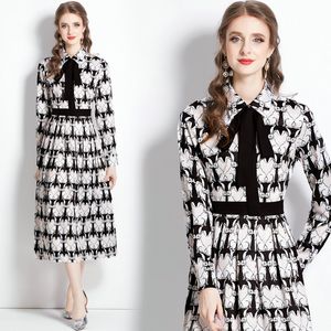 Boutique Women Printed Dress Spring Autumn Bow Printed Dress High-End Fashion Lady Dress Long Sleeve Dresses Ol Dresses