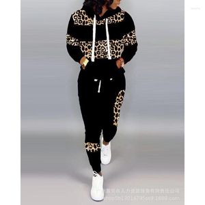 Calças femininas de duas peças outono inverno manga longa leopardo impressão velo hoodies roupas de pelúcia ins y2k elegante conjunto feminino esporte treino